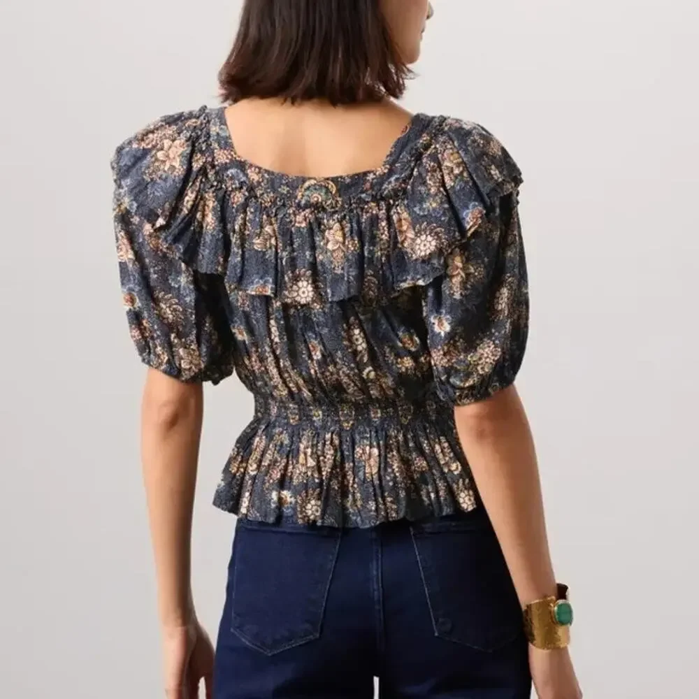 Ulla Johnson Warner Top Floral Puff Sleeve Peplum Babydoll Top Dark Blue 2